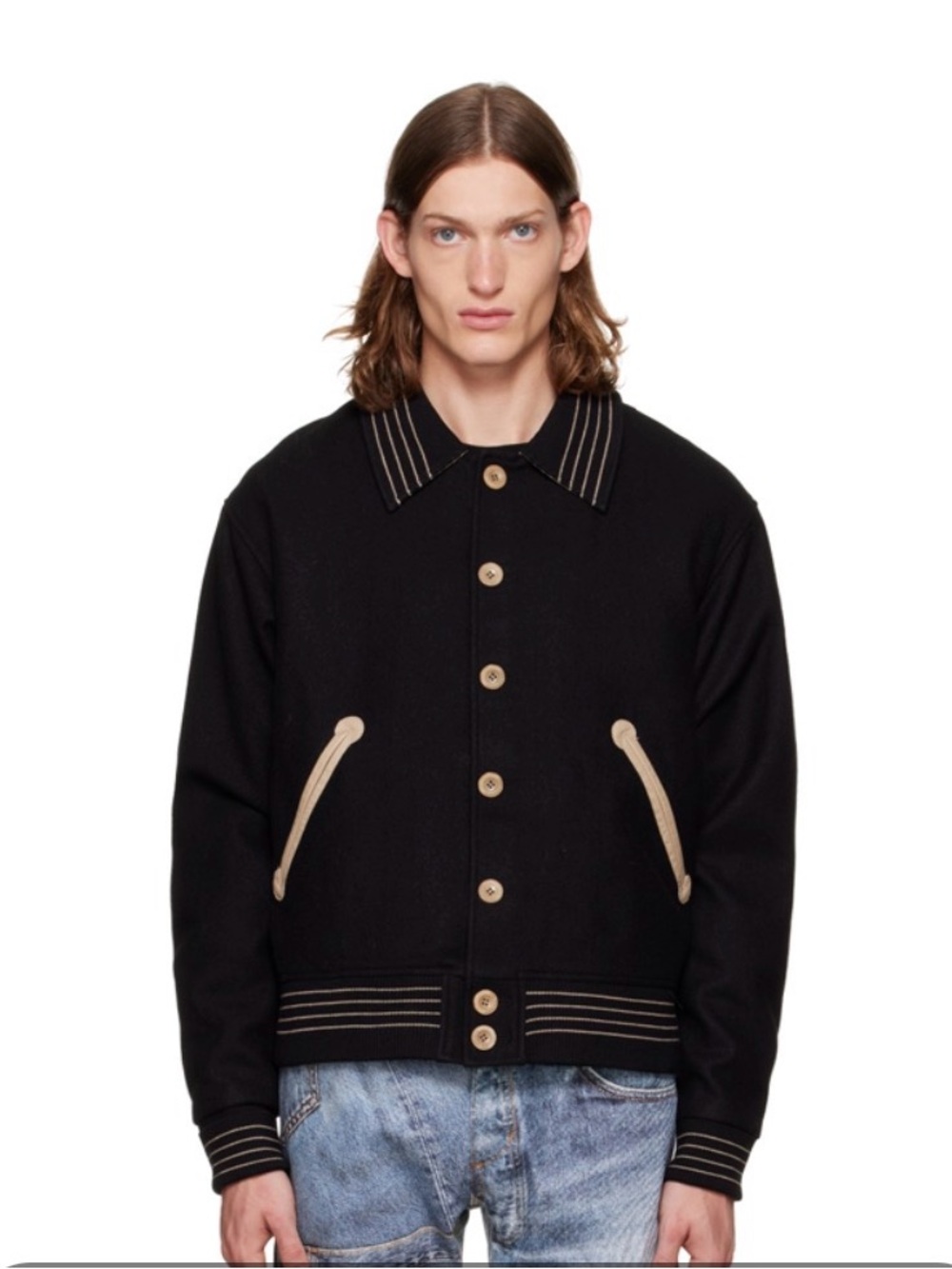 Andersson Bell Sunny Varsity Jacket Men’s M Black Wool Leather Missing a Button